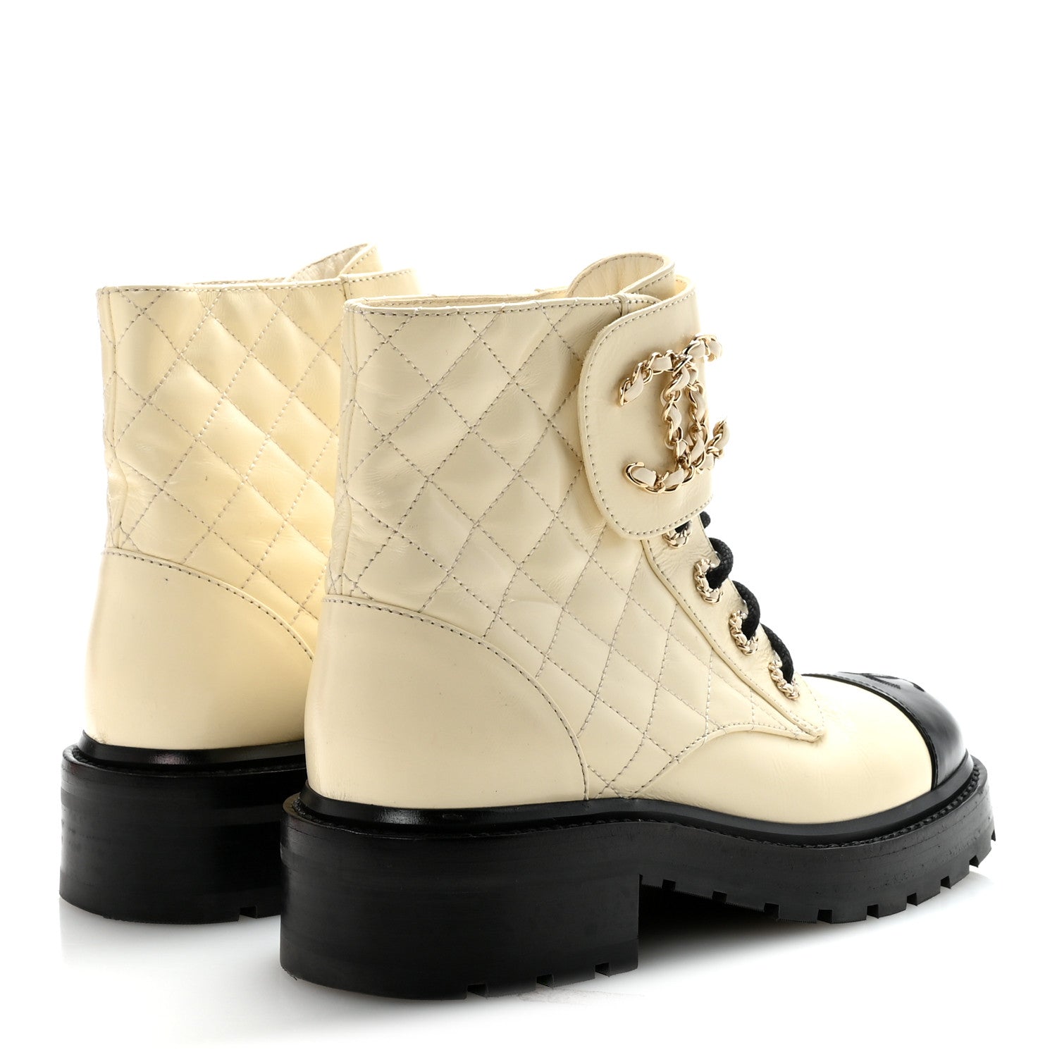 Chanel Shiny Goatskin Calfskin Quilted Lace Up Combat Boots 36 Ivory Black