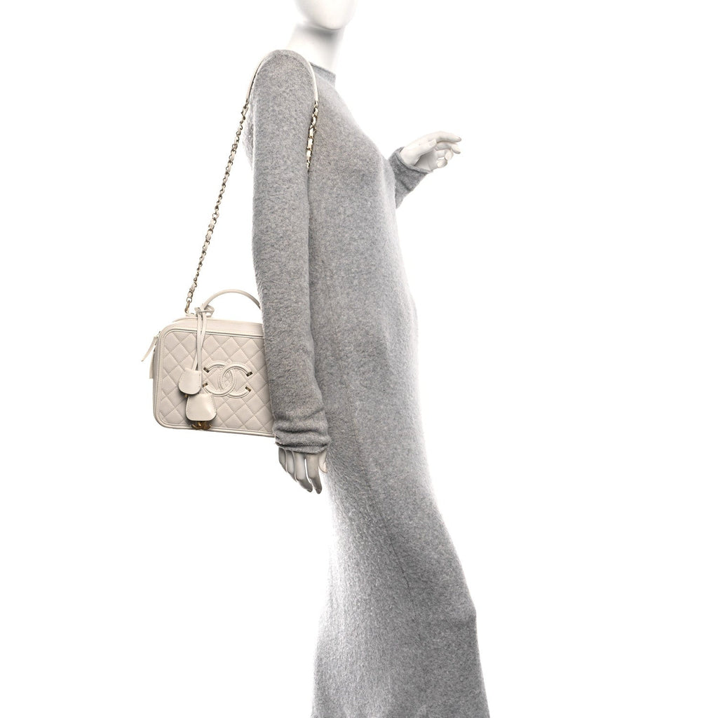 Chanel Caviar Quilted Large CC Filigree Vanity Case White