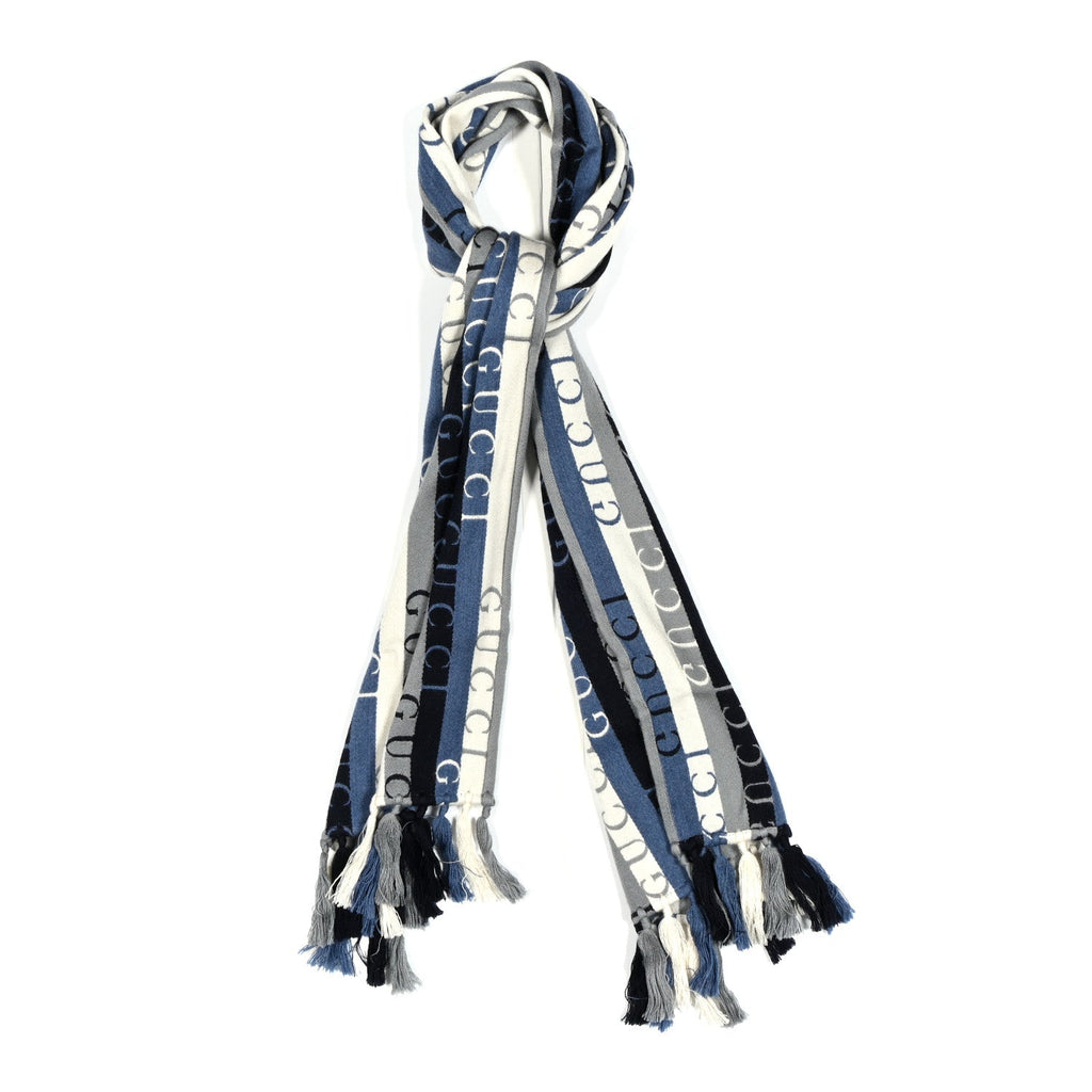 Gucci Wool Cotton Logo Wood Stripes Scarf Sky Blue