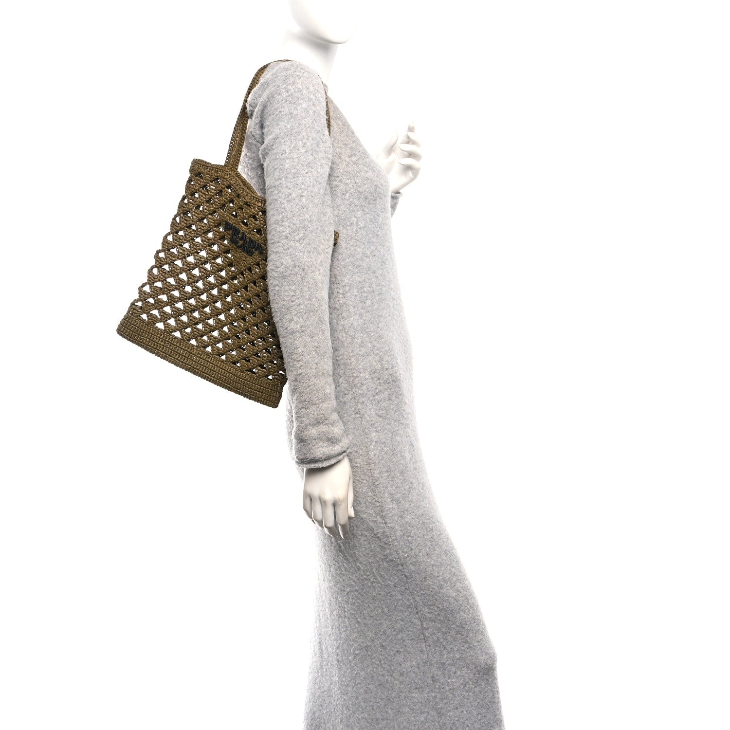 Prada Yarn Raffia Effect Embroidered Logo Tote Oliva