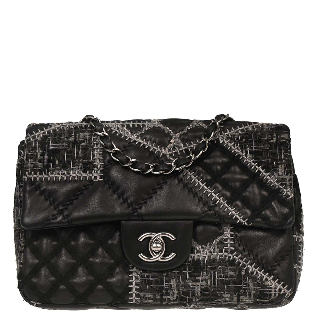 Chanel 2011 Black Tweed Lambskin Patchwork Stitch Shoulder Bag