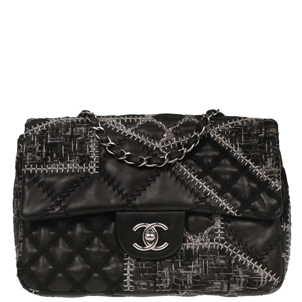 Chanel 2011 Black Tweed Lambskin Patchwork Stitch Shoulder Bag