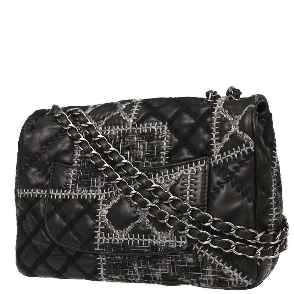 Chanel 2011 Black Tweed Lambskin Patchwork Stitch Shoulder Bag