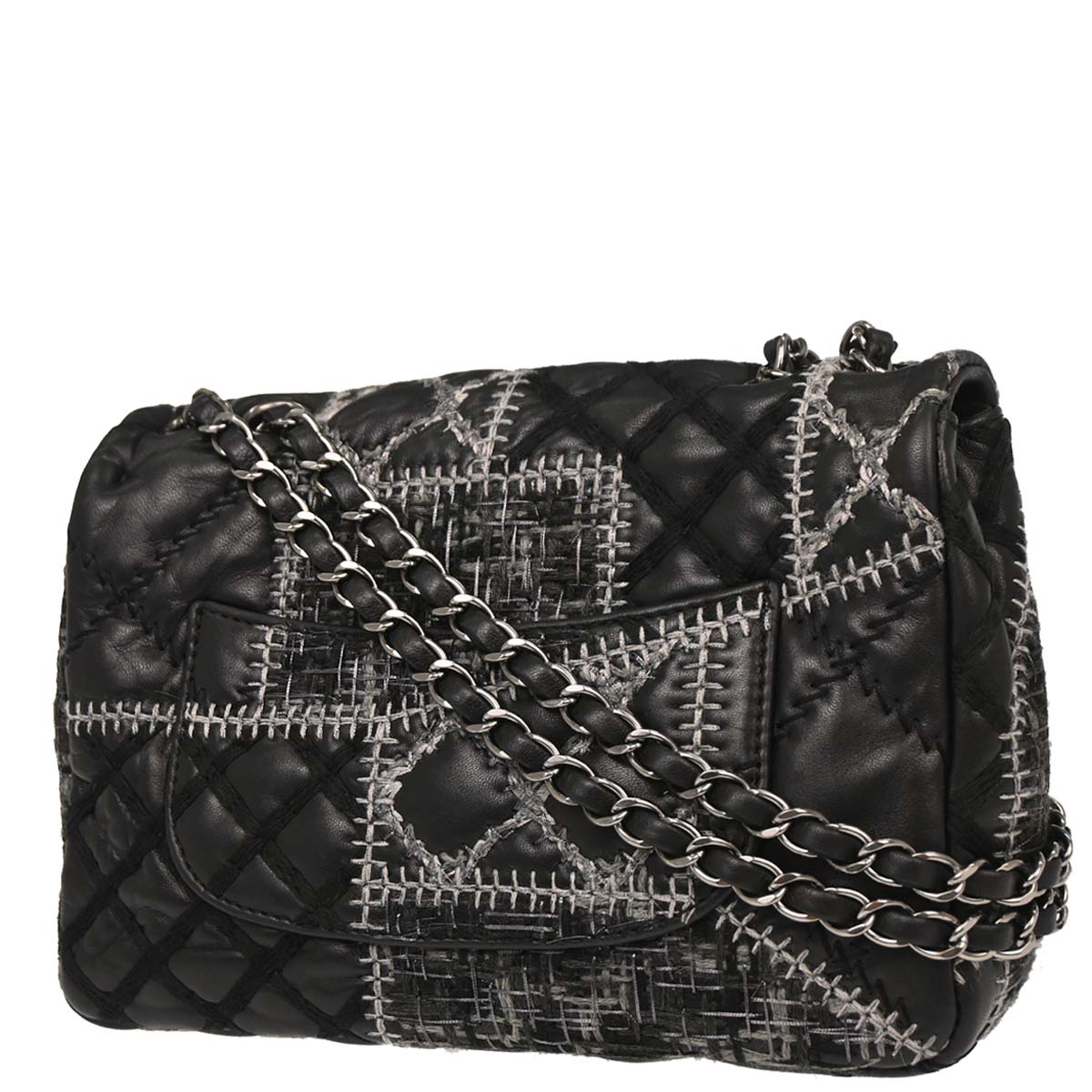 Chanel 2011 Black Tweed Lambskin Patchwork Stitch Shoulder Bag