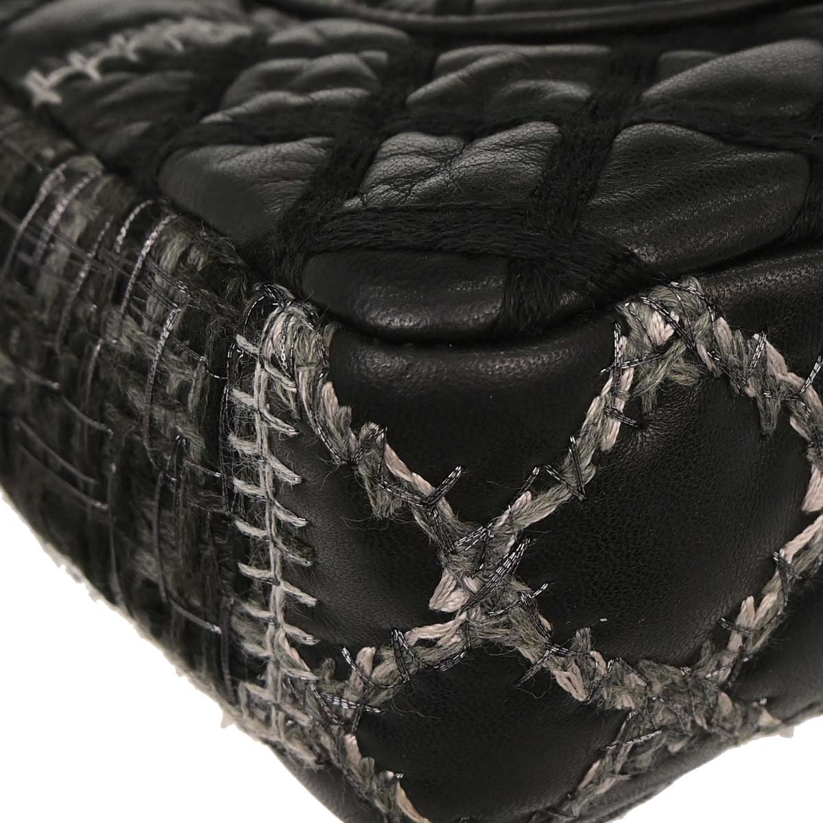 Chanel 2011 Black Tweed Lambskin Patchwork Stitch Shoulder Bag