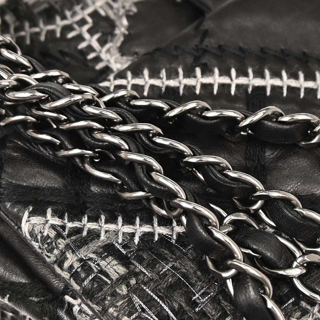 Chanel 2011 Black Tweed Lambskin Patchwork Stitch Shoulder Bag