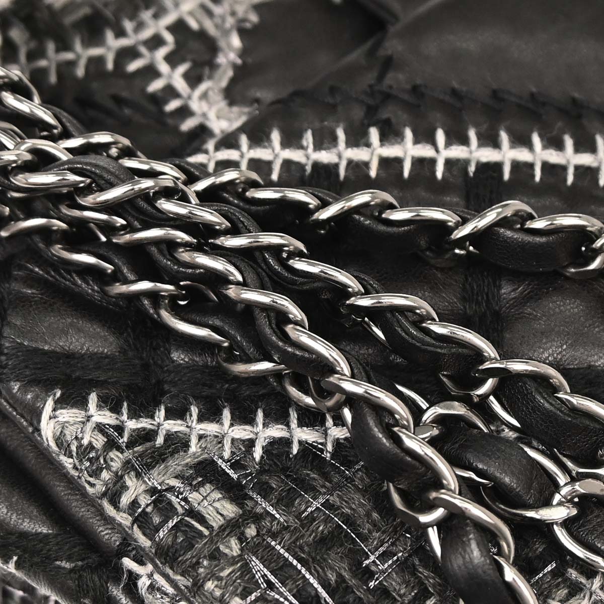 Chanel 2011 Black Tweed Lambskin Patchwork Stitch Shoulder Bag