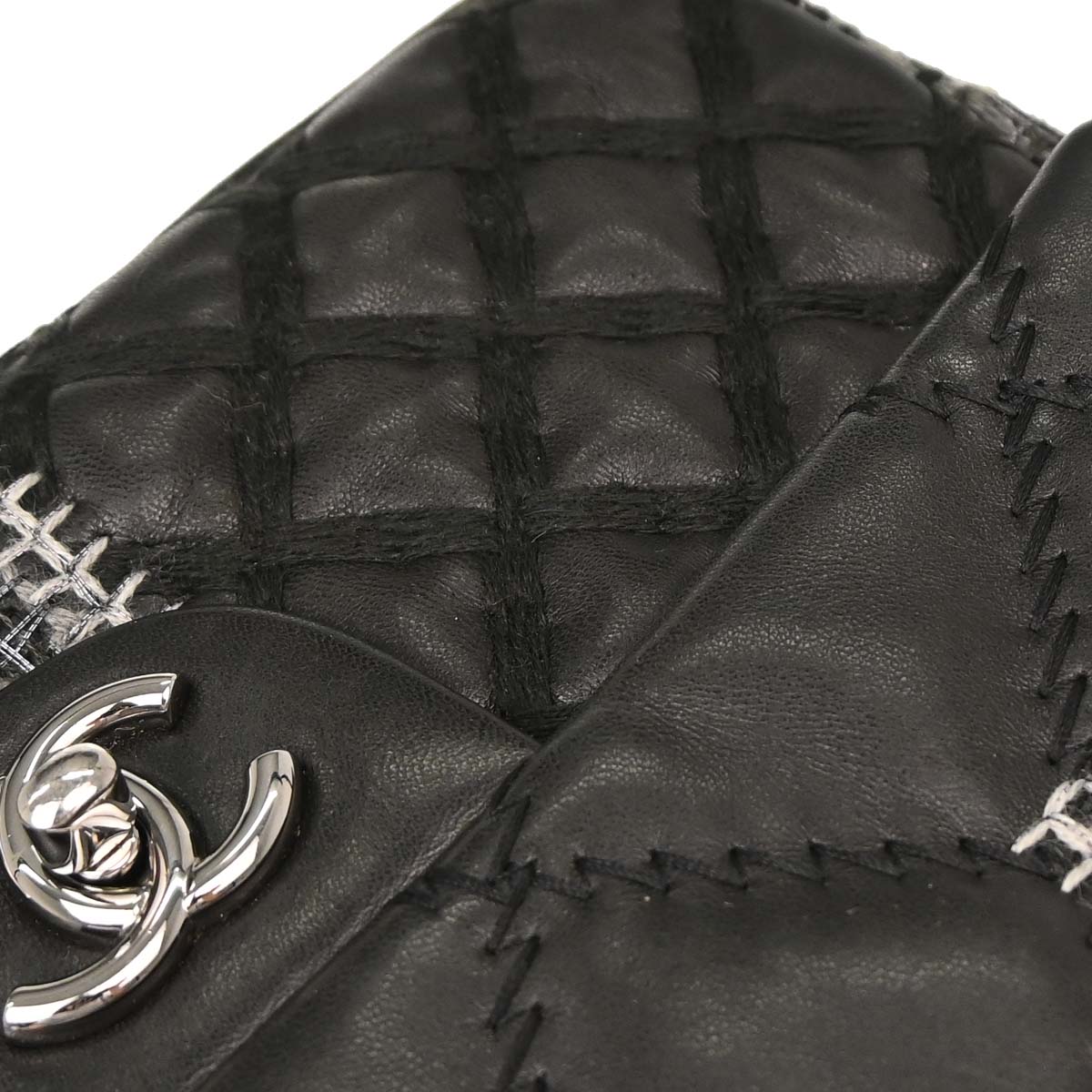 Chanel 2011 Black Tweed Lambskin Patchwork Stitch Shoulder Bag