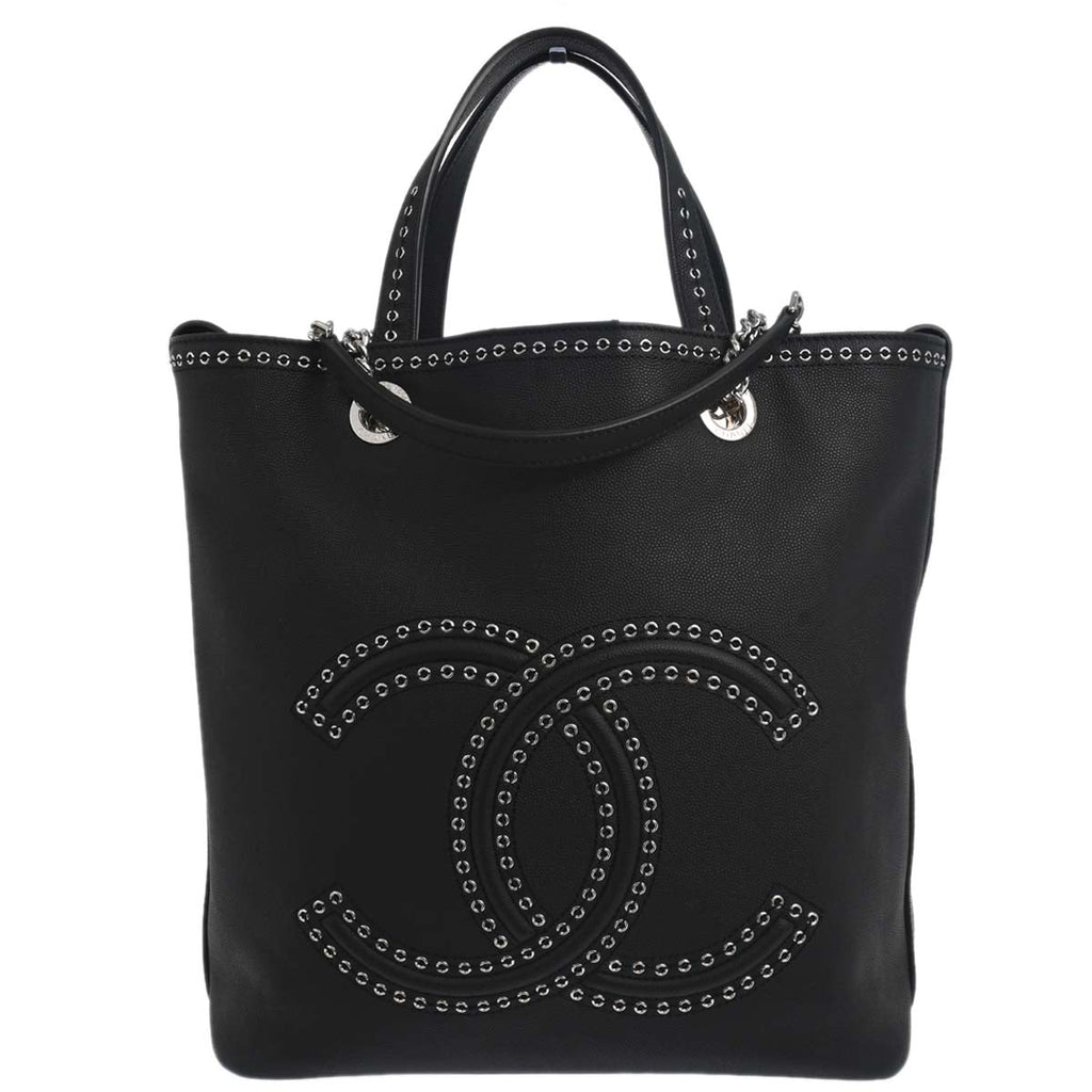 Chanel 2019 Black Caviar Coco Eyelets Large Shopping 2way Shoulder Tote Handbag