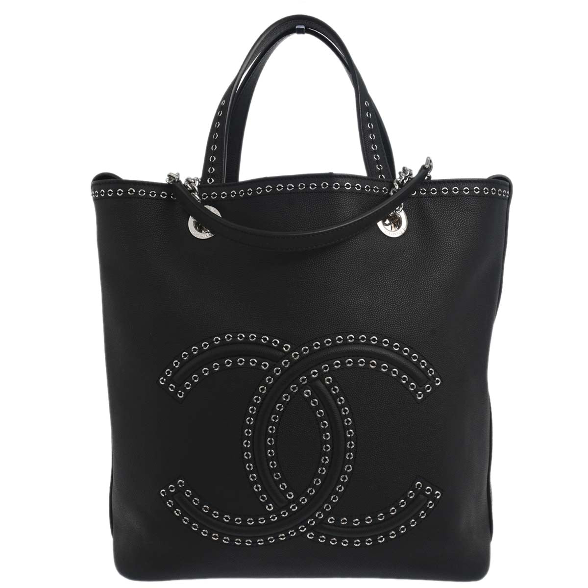 Chanel 2019 Black Caviar Coco Eyelets Large Shopping 2way Shoulder Tote Handbag