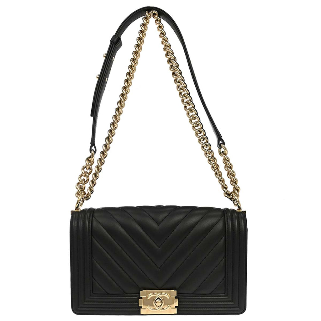 Boy Chanel 2019 Black Lambskin Chevron Medium Double Chain Shoulder Bag
