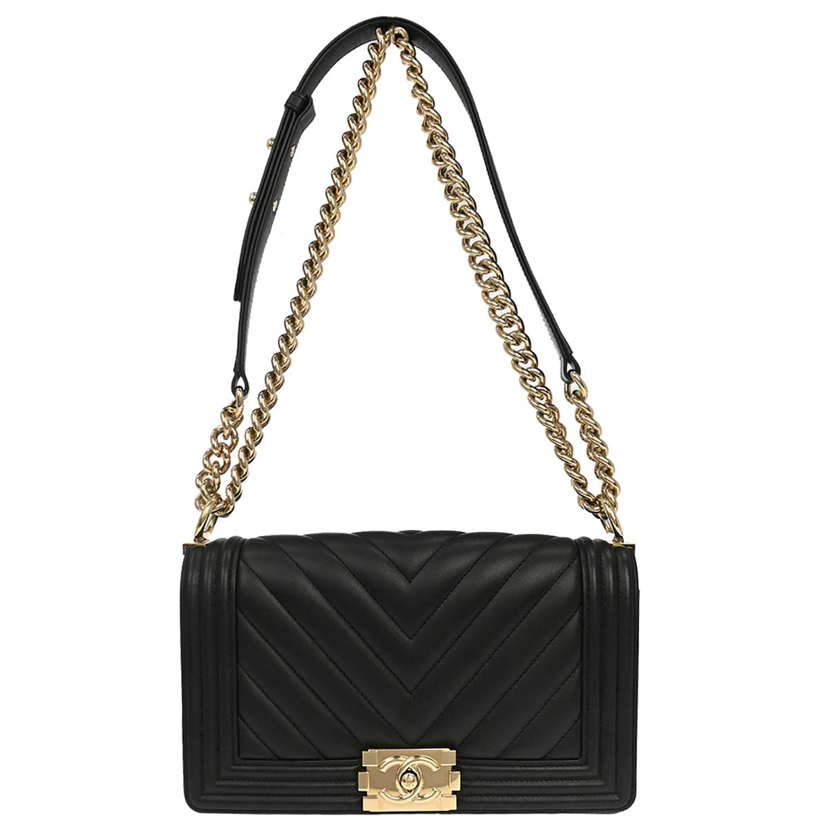 Boy Chanel 2019 Black Lambskin Chevron Medium Double Chain Shoulder Bag