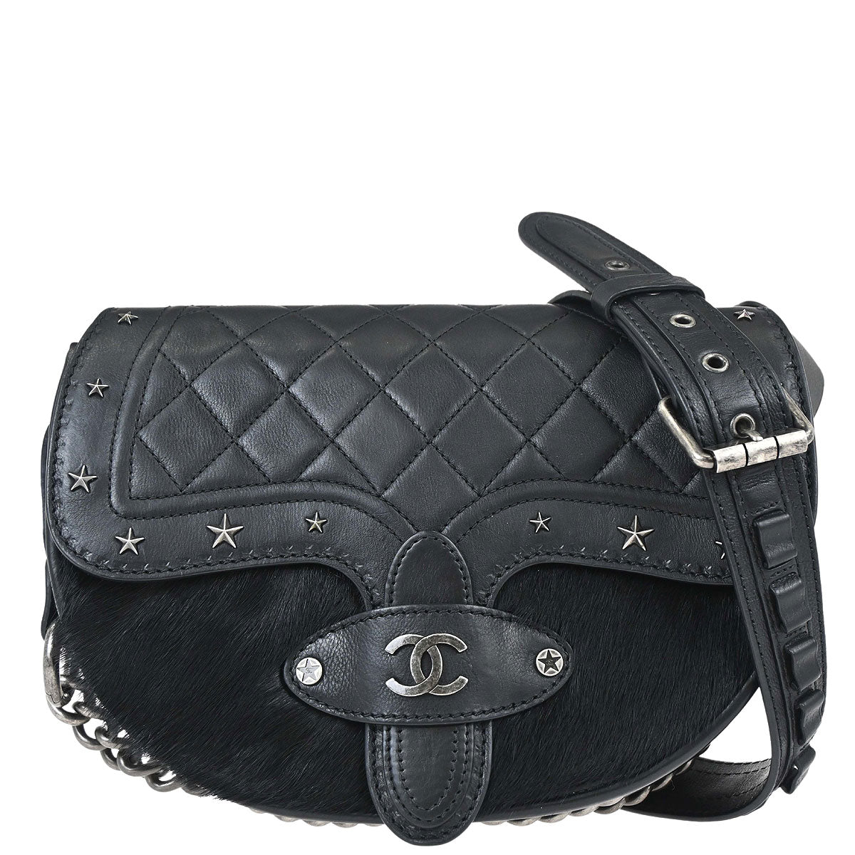 Chanel 2014 Black Calfskin Pony Hair Paris-Dallas Saddle Shoulder Bag
