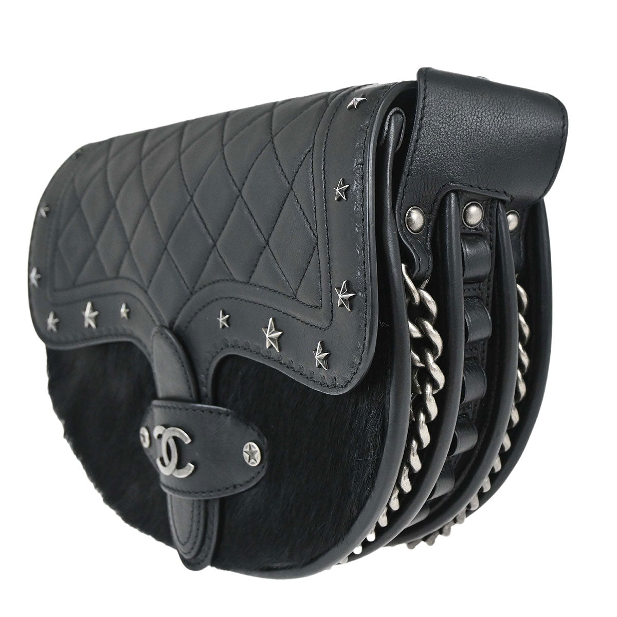 Chanel 2014 Black Calfskin Pony Hair Paris-Dallas Saddle Shoulder Bag