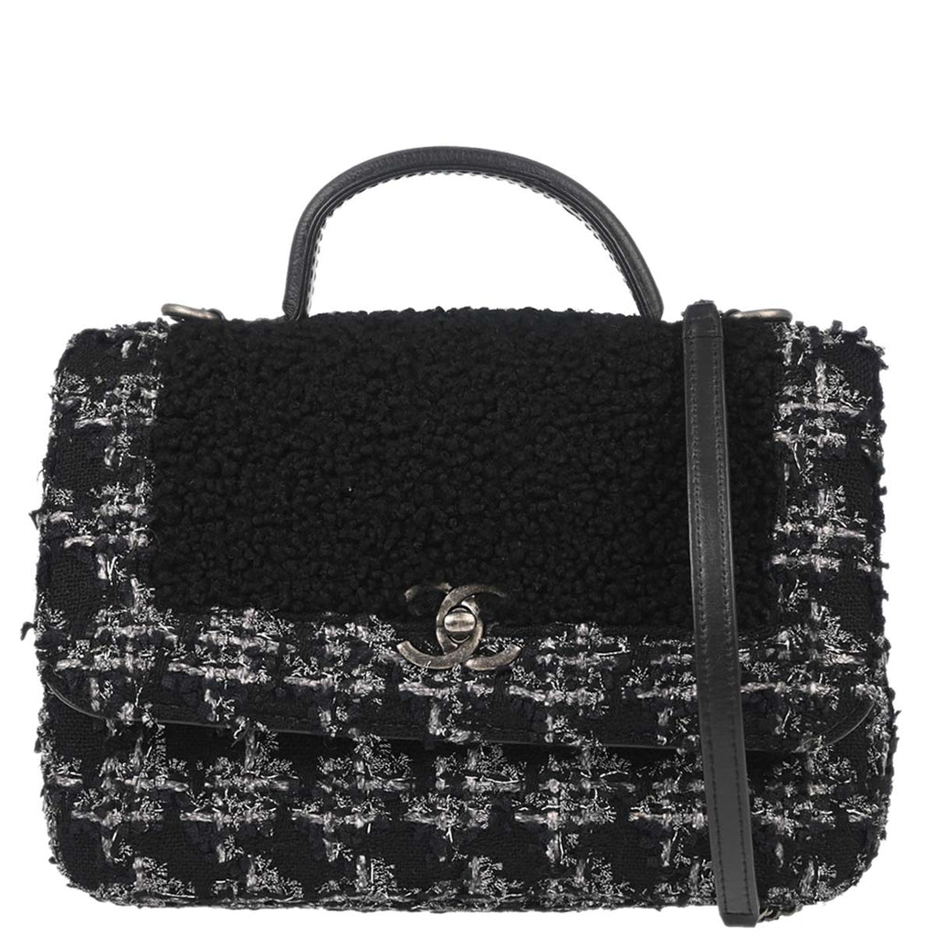 Chanel 2017-2018 Black Tweed Shierling Top Handle 2way Shoulder Handbag