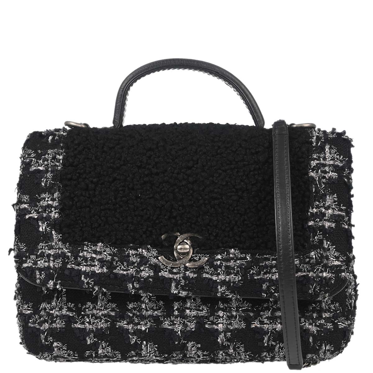 Chanel 2017-2018 Black Tweed Shierling Top Handle 2way Shoulder Handbag