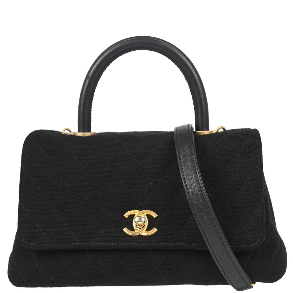 Chanel 2019 Black Cotton Chevron Coco Handle 2way Shoulder Handbag