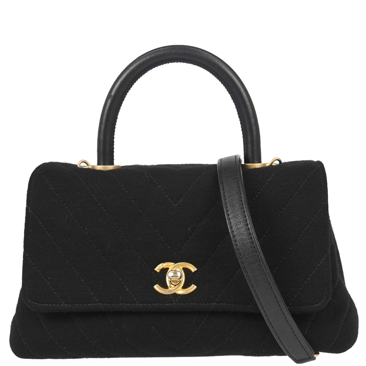 Chanel 2019 Black Cotton Chevron Coco Handle 2way Shoulder Handbag