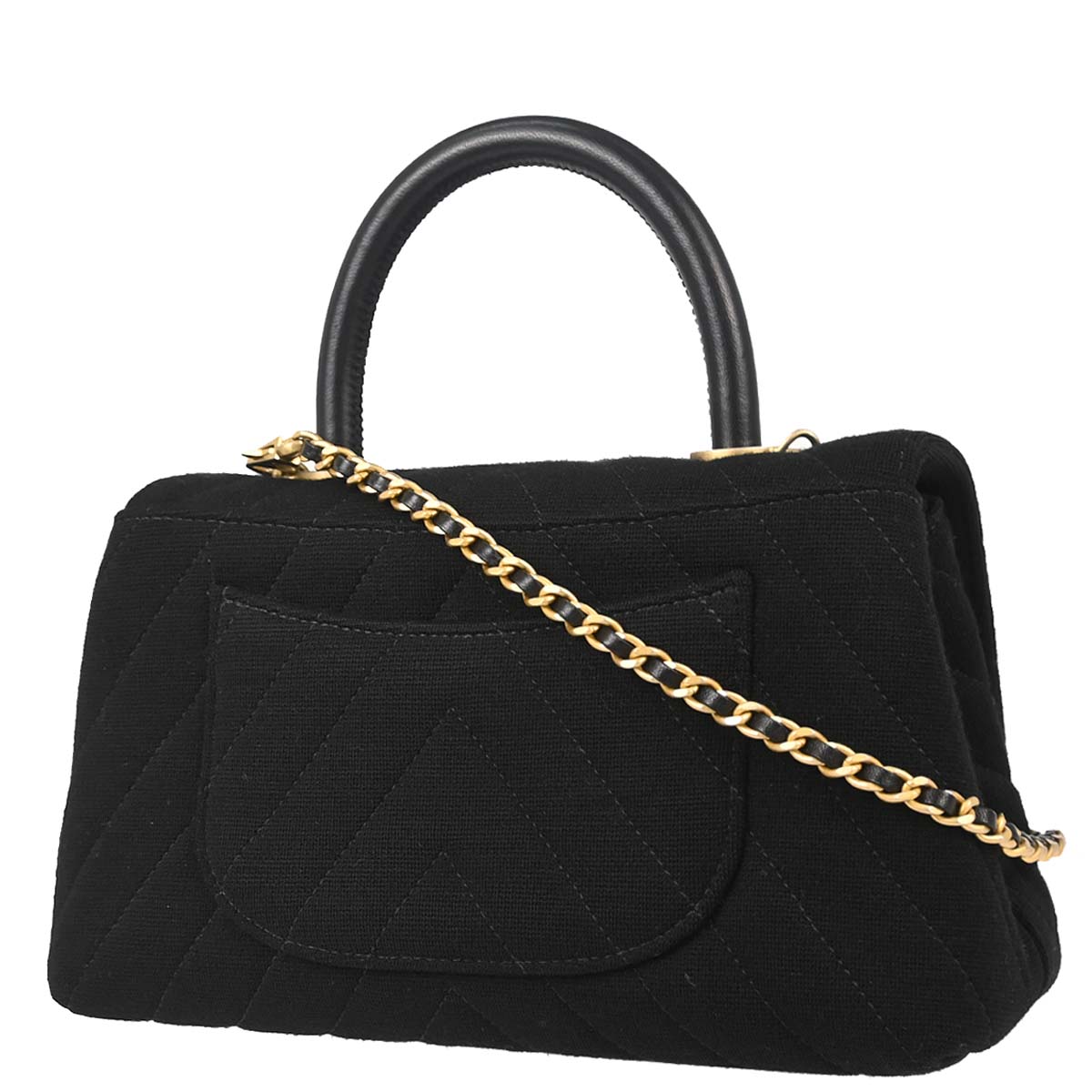 Chanel 2019 Black Cotton Chevron Coco Handle 2way Shoulder Handbag