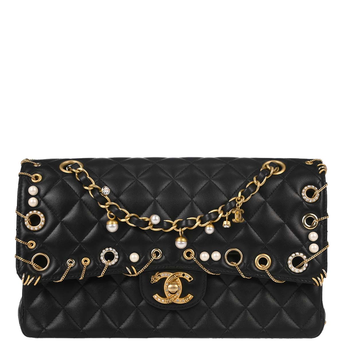 Chanel 2019 Black Lambskin Medium Piercing Chic Double Flap Shoulder Bag