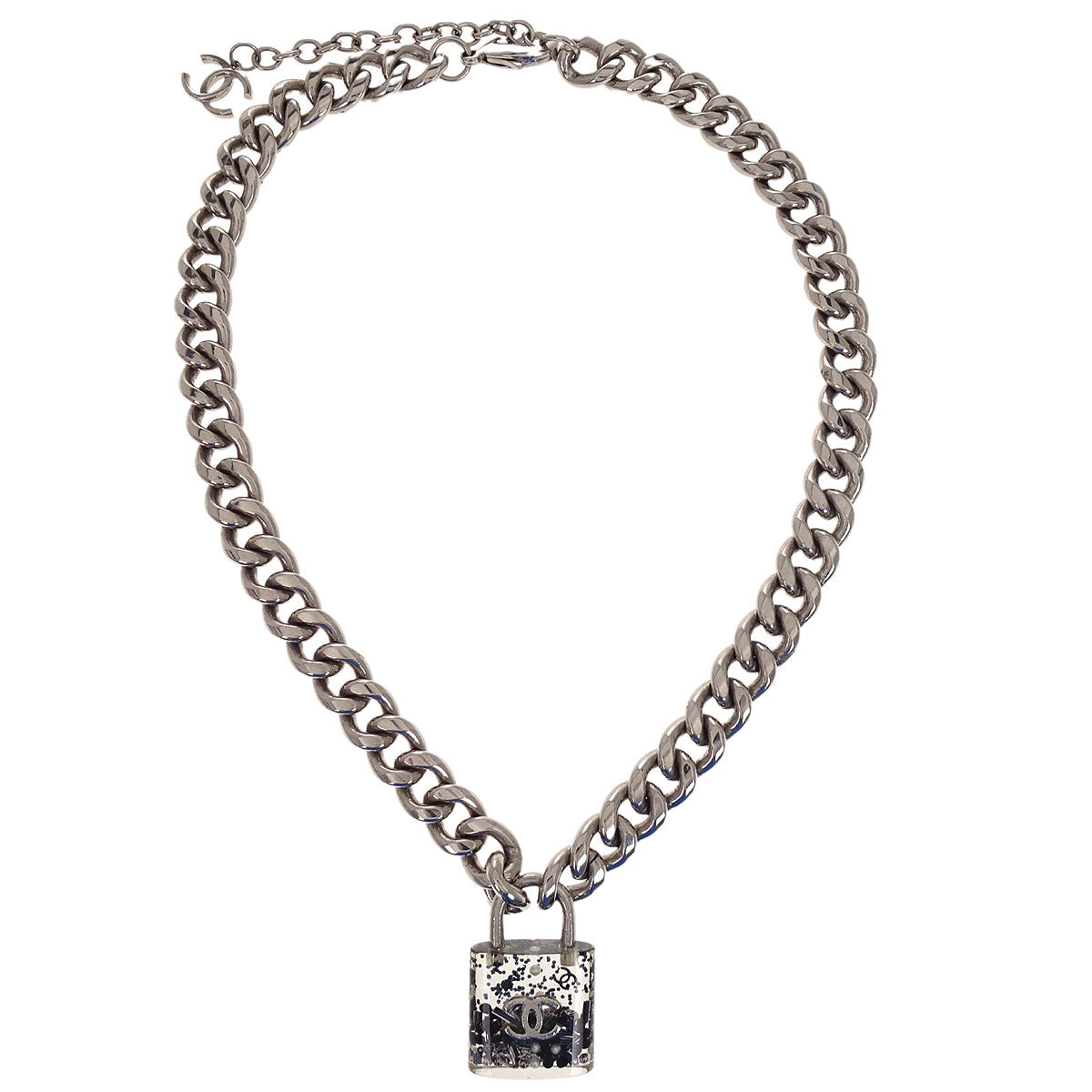 Chanel Padlock Charm Chain Necklace Pendant Silver 14K