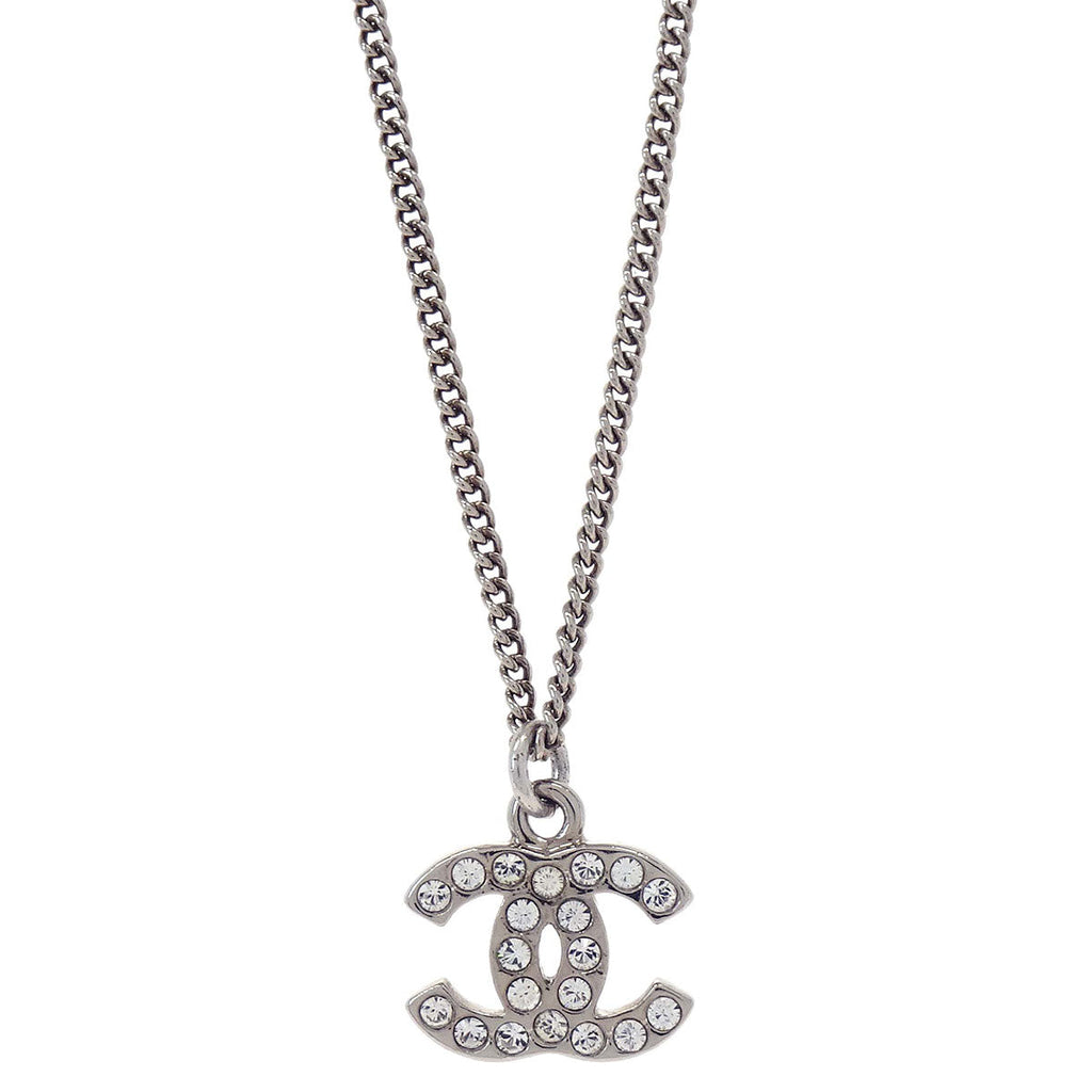 Chanel CC Chain Necklace Pendant Silver Rhinestone 10V