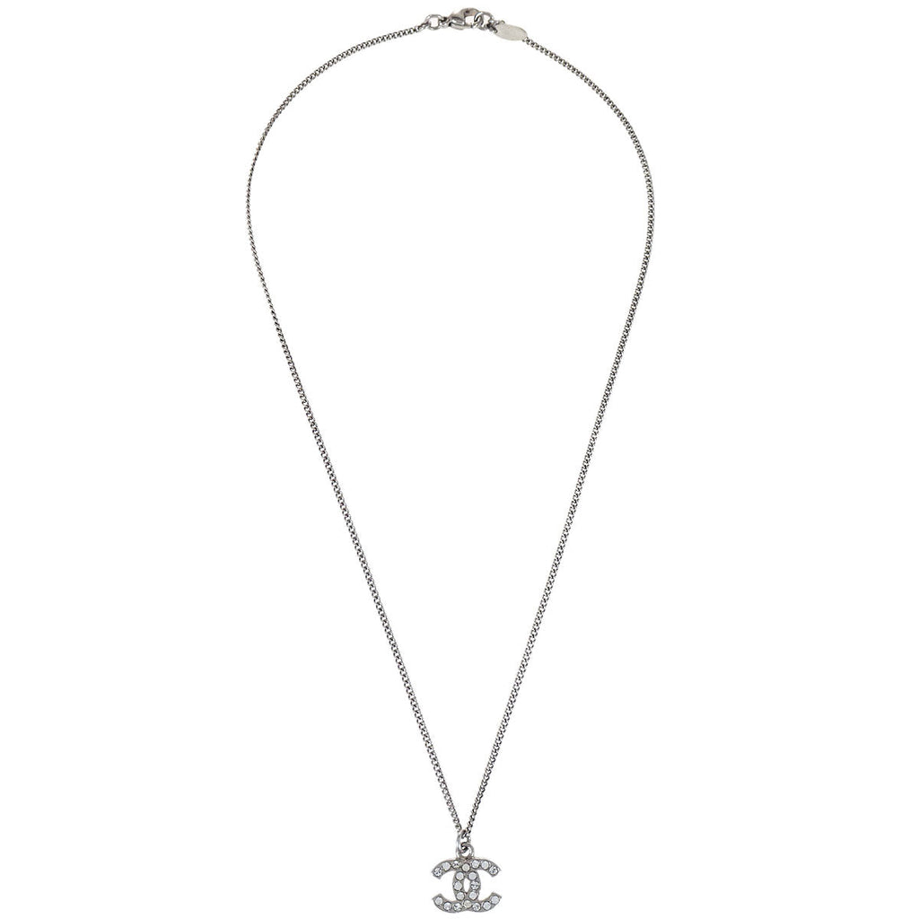 Chanel CC Chain Necklace Pendant Silver Rhinestone 10V