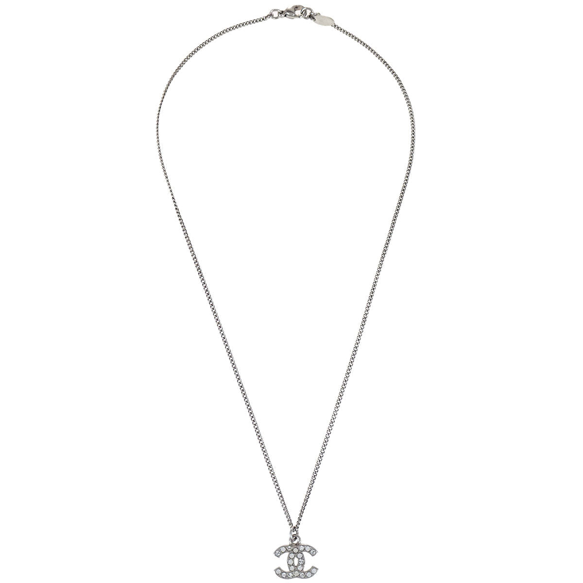 Chanel CC Chain Necklace Pendant Silver Rhinestone 10V
