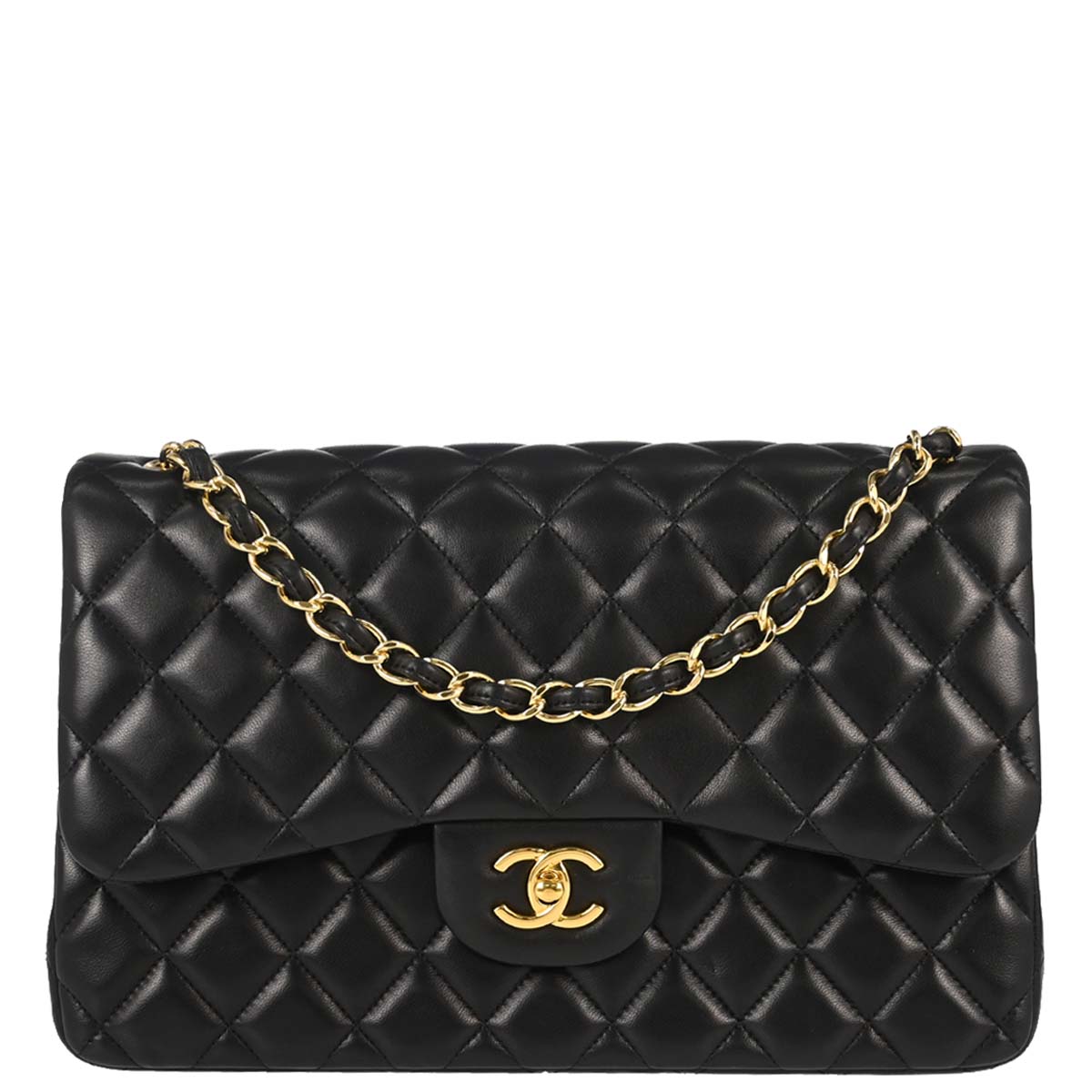 Chanel 2014 Black Lambskin Jumbo Classic Double Flap Shoulder Bag