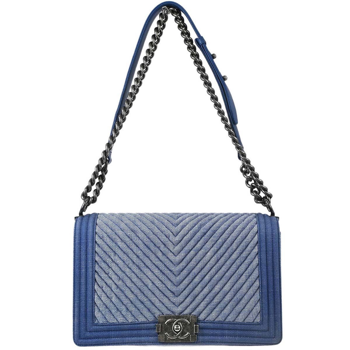 Boy Chanel 2014-2015 Blue Denim Chevron Medium Shoulder Bag