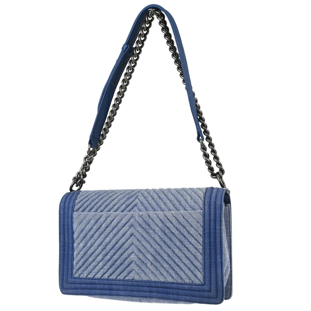 Boy Chanel 2014-2015 Blue Denim Chevron Medium Shoulder Bag