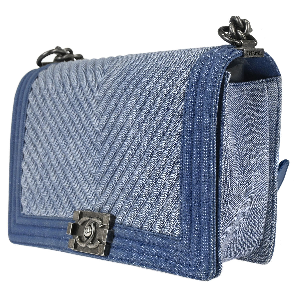 Boy Chanel 2014-2015 Blue Denim Chevron Medium Shoulder Bag