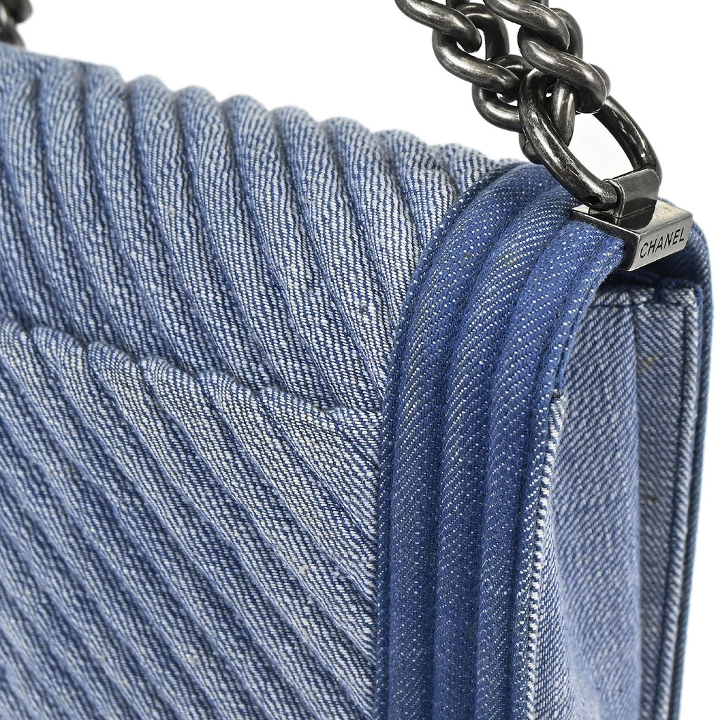 Boy Chanel 2014-2015 Blue Denim Chevron Medium Shoulder Bag