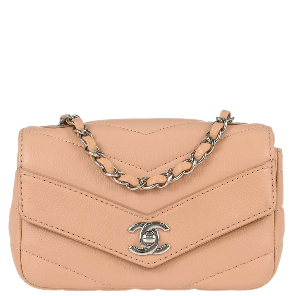 Chanel 2017-2018 Beige Caviar Skin Chevron Shoulder Bag