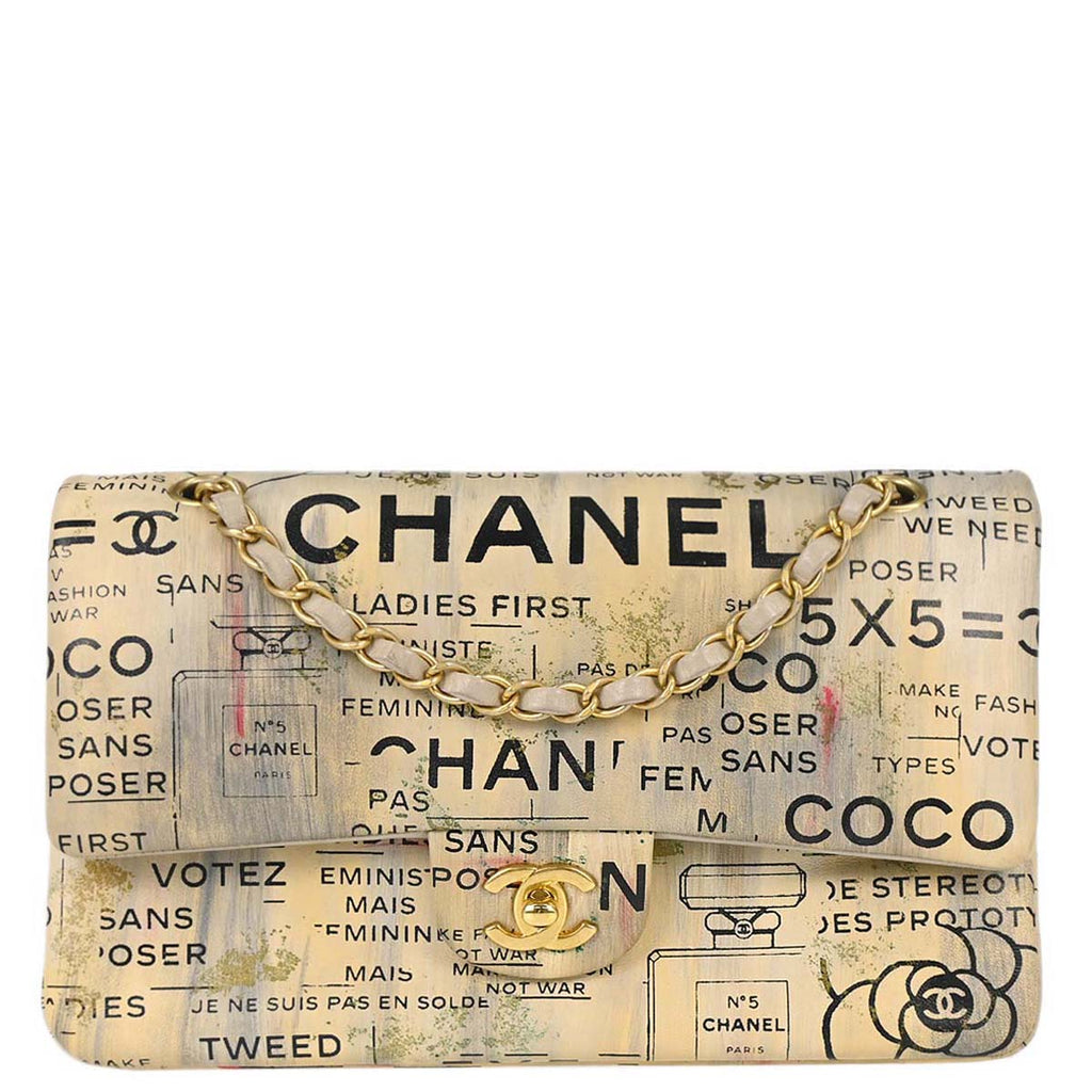 Chanel 2015-2016 Beige Lambskin Limited Newspaper Medium Classic Double Flap Bag