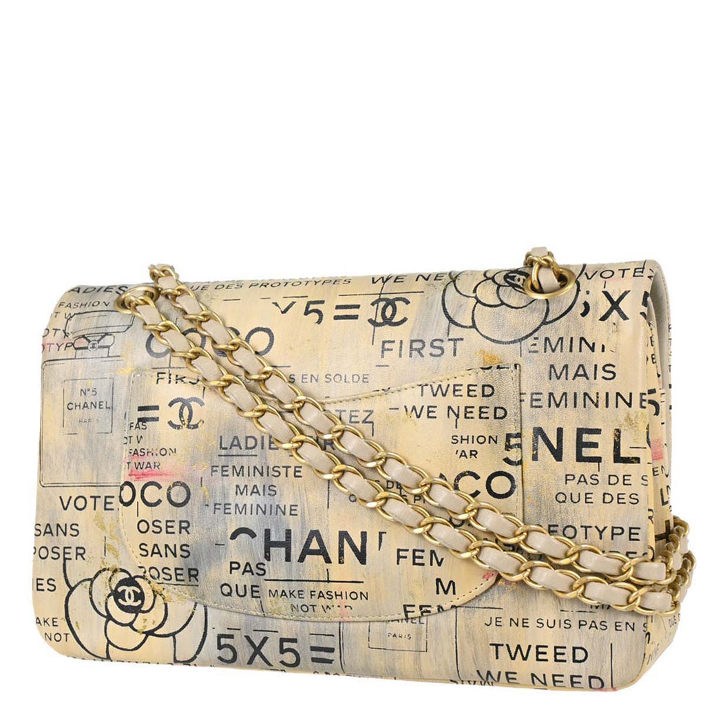 Chanel 2015-2016 Beige Lambskin Limited Newspaper Medium Classic Double Flap Bag