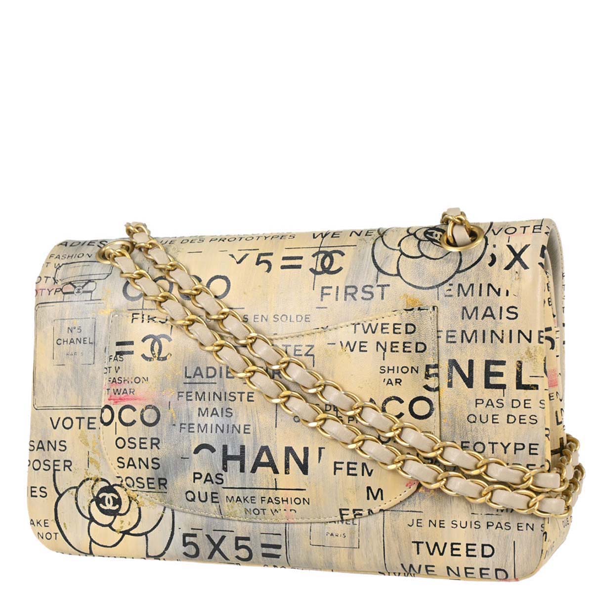 Chanel 2015-2016 Beige Lambskin Limited Newspaper Medium Classic Double Flap Bag