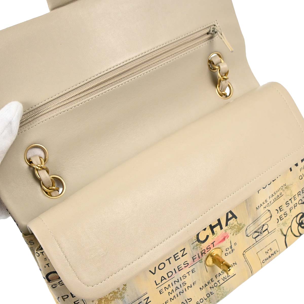 Chanel 2015-2016 Beige Lambskin Limited Newspaper Medium Classic Double Flap Bag