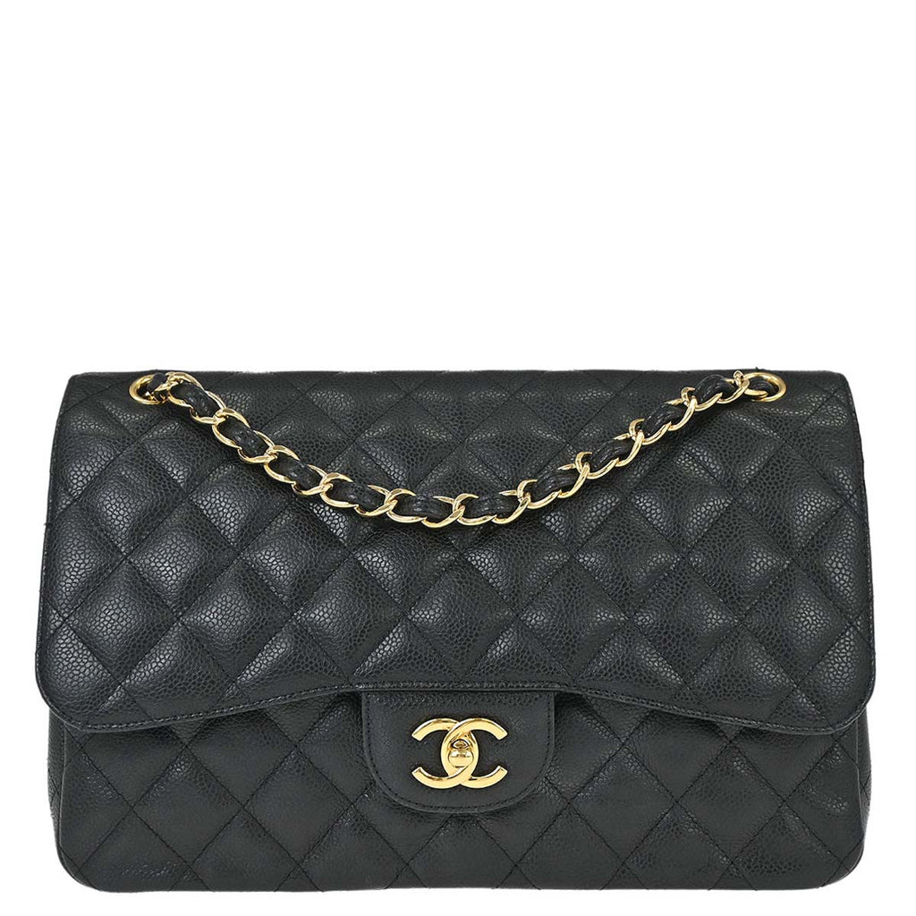 Chanel 2014 Black Caviar Skin Jumbo Classic Double Flap Shoulder Bag