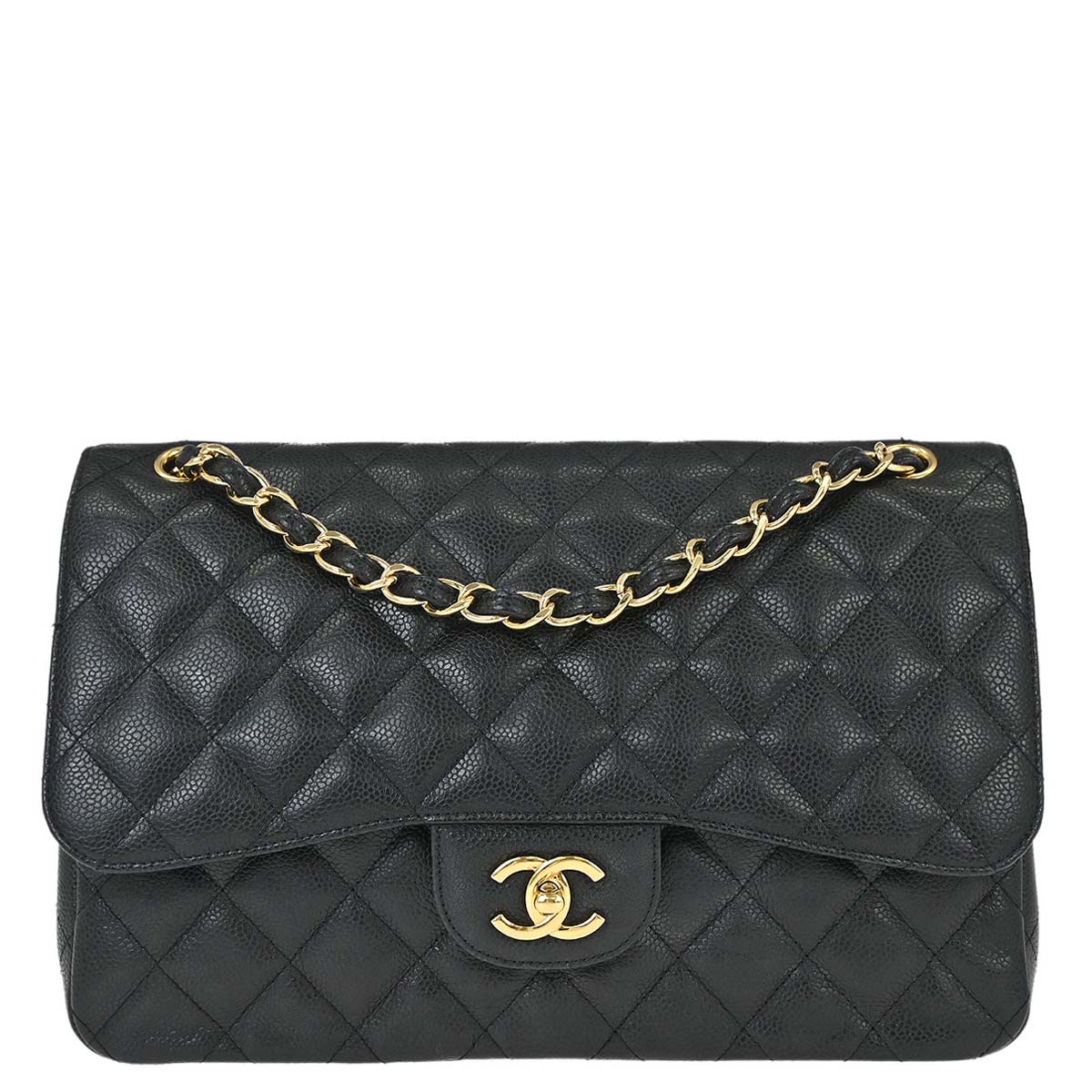 Chanel 2014 Black Caviar Skin Jumbo Classic Double Flap Shoulder Bag