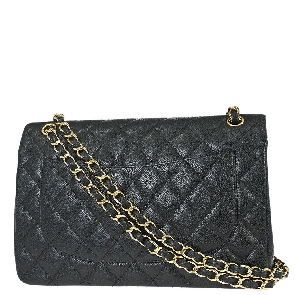 Chanel 2014 Black Caviar Skin Jumbo Classic Double Flap Shoulder Bag