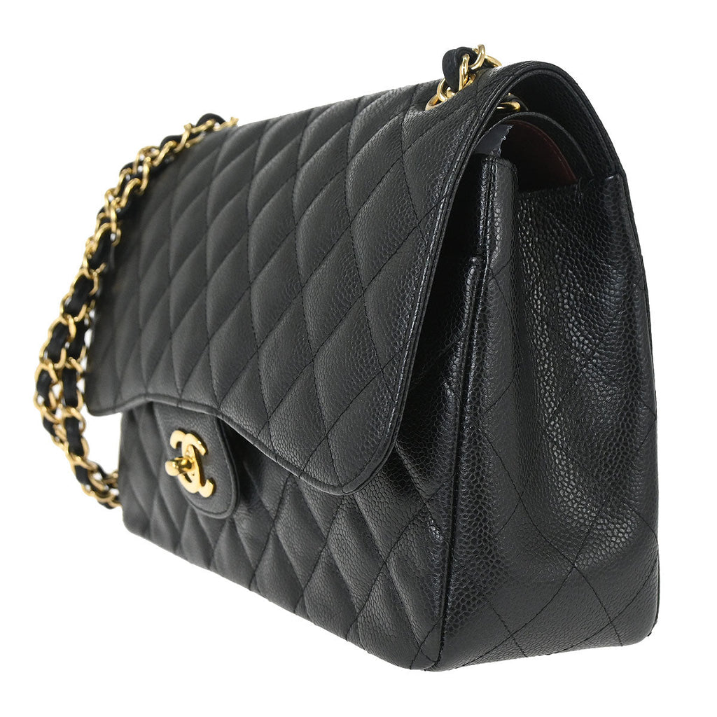 Chanel 2014 Black Caviar Skin Jumbo Classic Double Flap Shoulder Bag