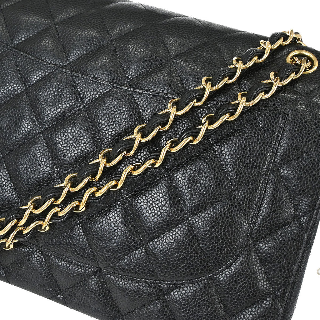Chanel 2014 Black Caviar Skin Jumbo Classic Double Flap Shoulder Bag