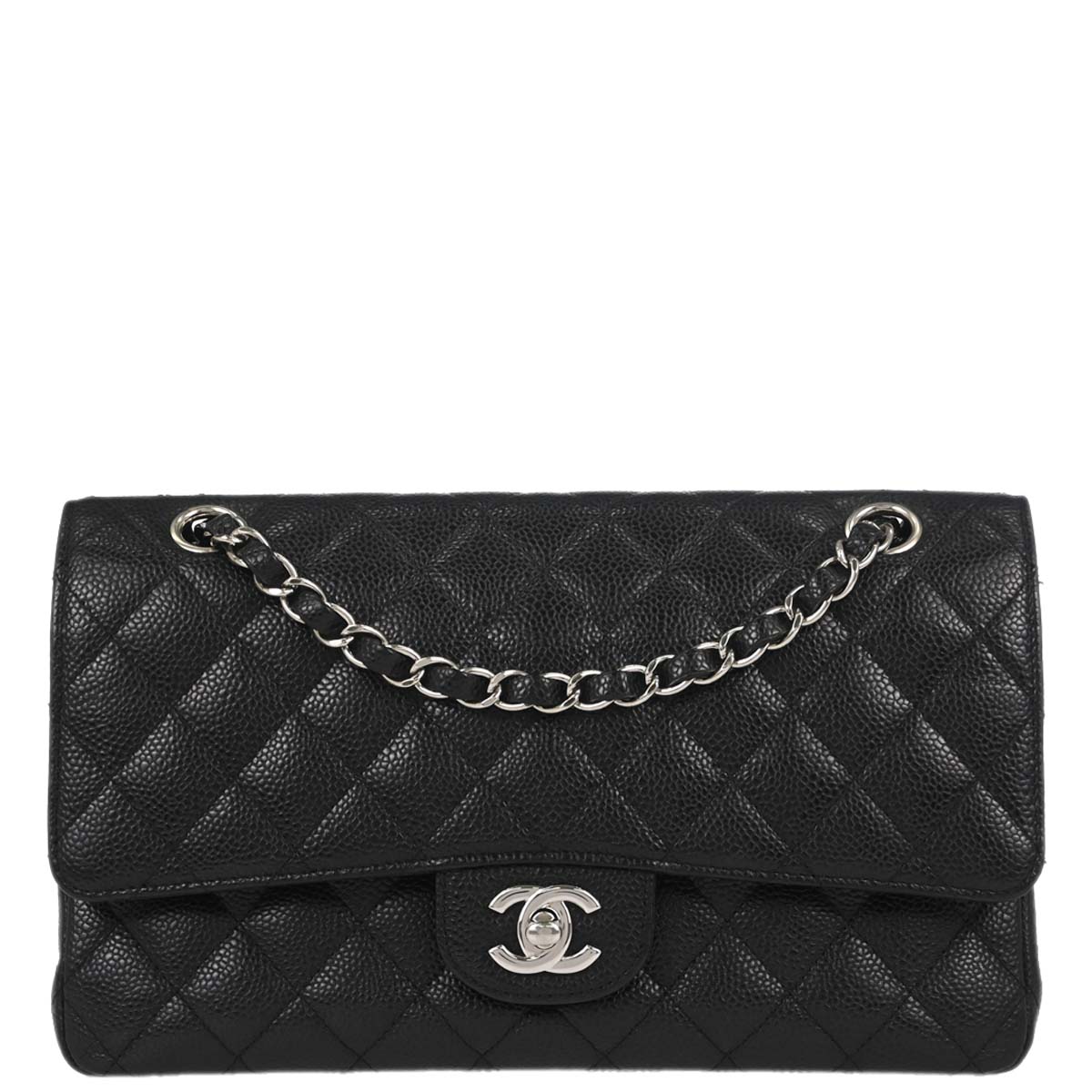 Chanel 2014 Black Caviar Skin Medium Classic Double Flap Shoulder Bag