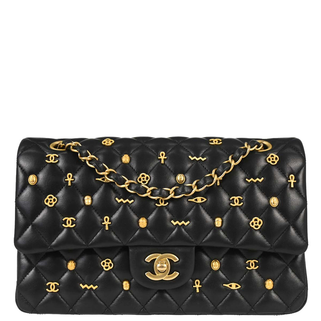 Chanel 2019 Black Lambskin Egyptian Medium Classic Double Flap Shoulder Bag