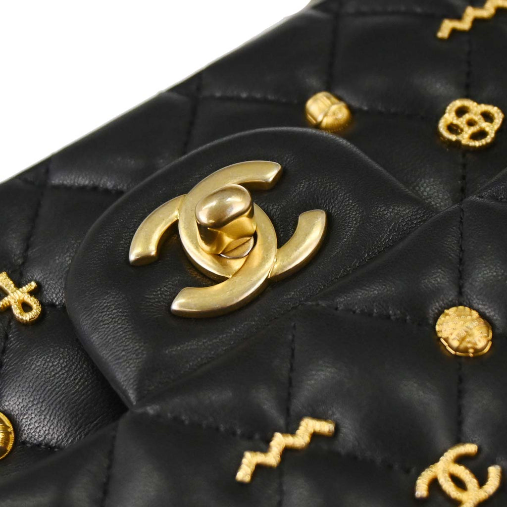 Chanel 2019 Black Lambskin Egyptian Medium Classic Double Flap Shoulder Bag