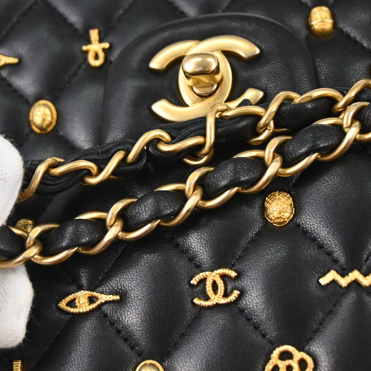 Chanel 2019 Black Lambskin Egyptian Medium Classic Double Flap Shoulder Bag