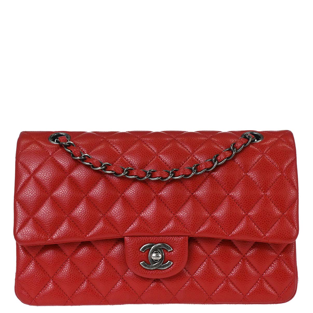 Chanel 2015-2016 Red Caviar Skin Medium Classic Double Flap Shoulder Bag