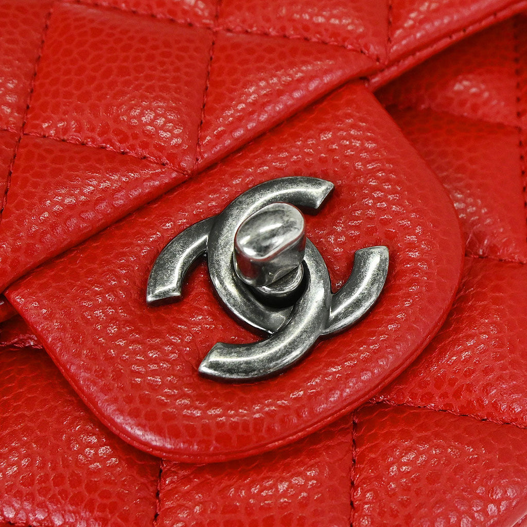 Chanel 2015-2016 Red Caviar Skin Medium Classic Double Flap Shoulder Bag