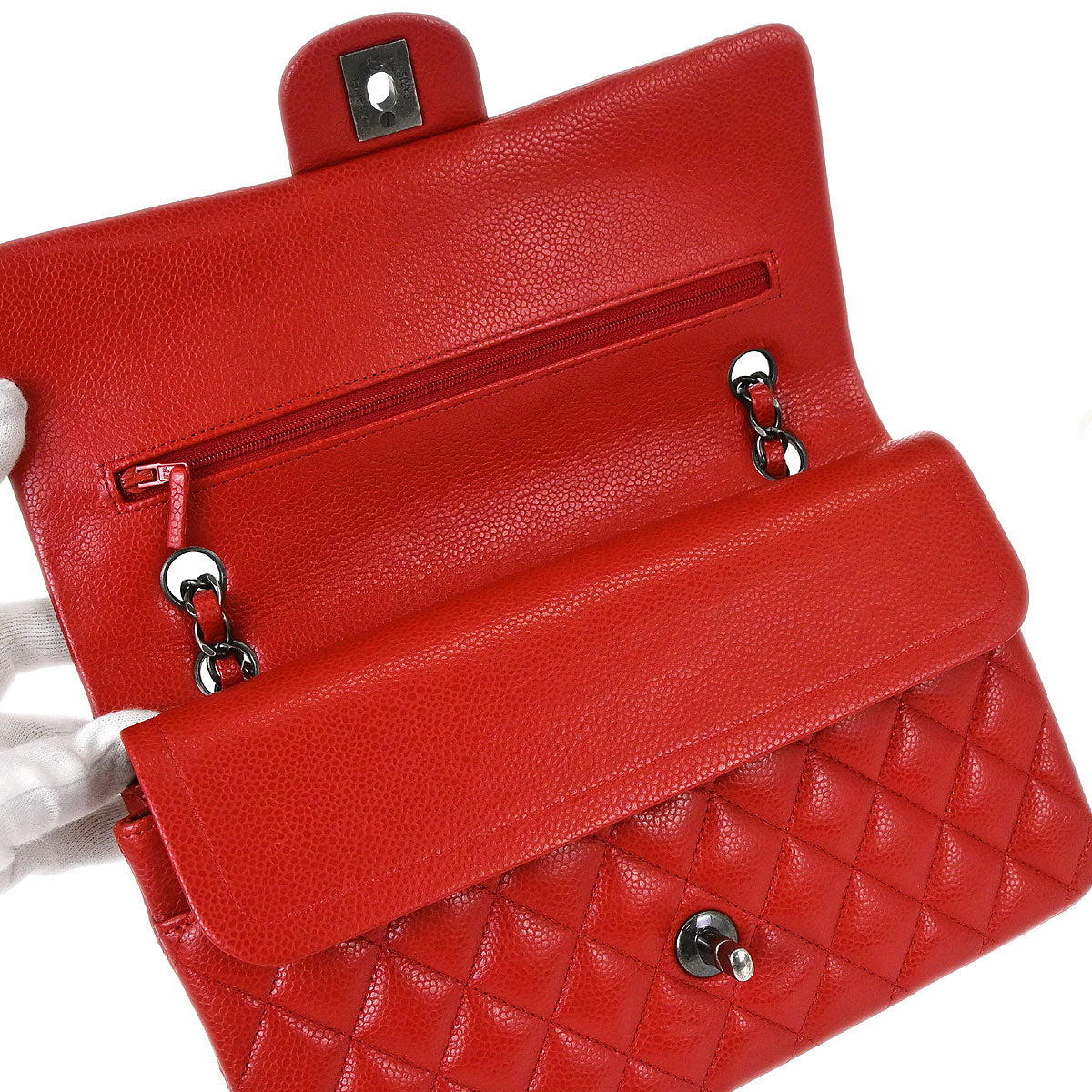 Chanel 2015-2016 Red Caviar Skin Medium Classic Double Flap Shoulder Bag